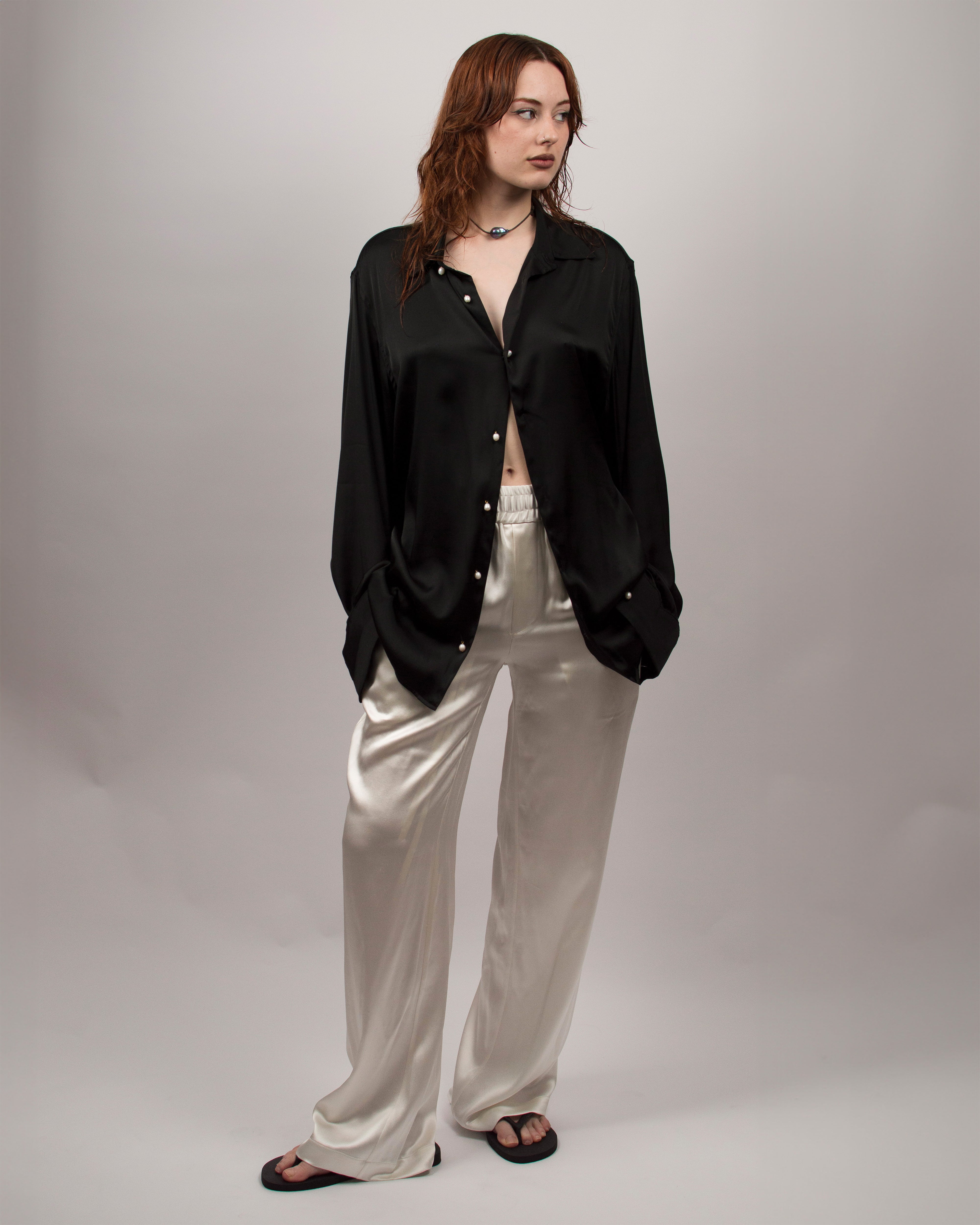 Pearls Shirt in Silk Satin - Ink Black