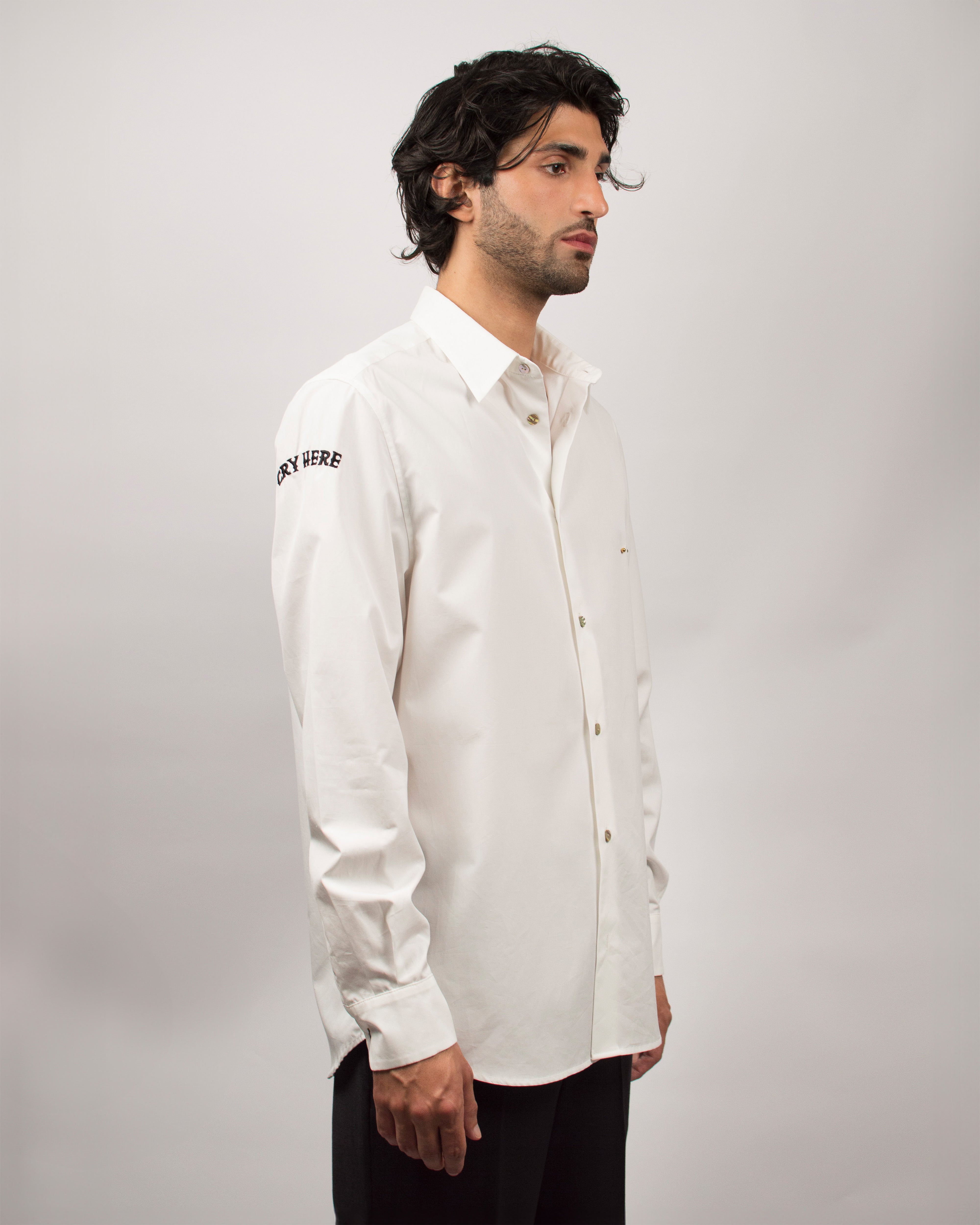 Cry Here Shirt in Cotton Poplin - Pearl White