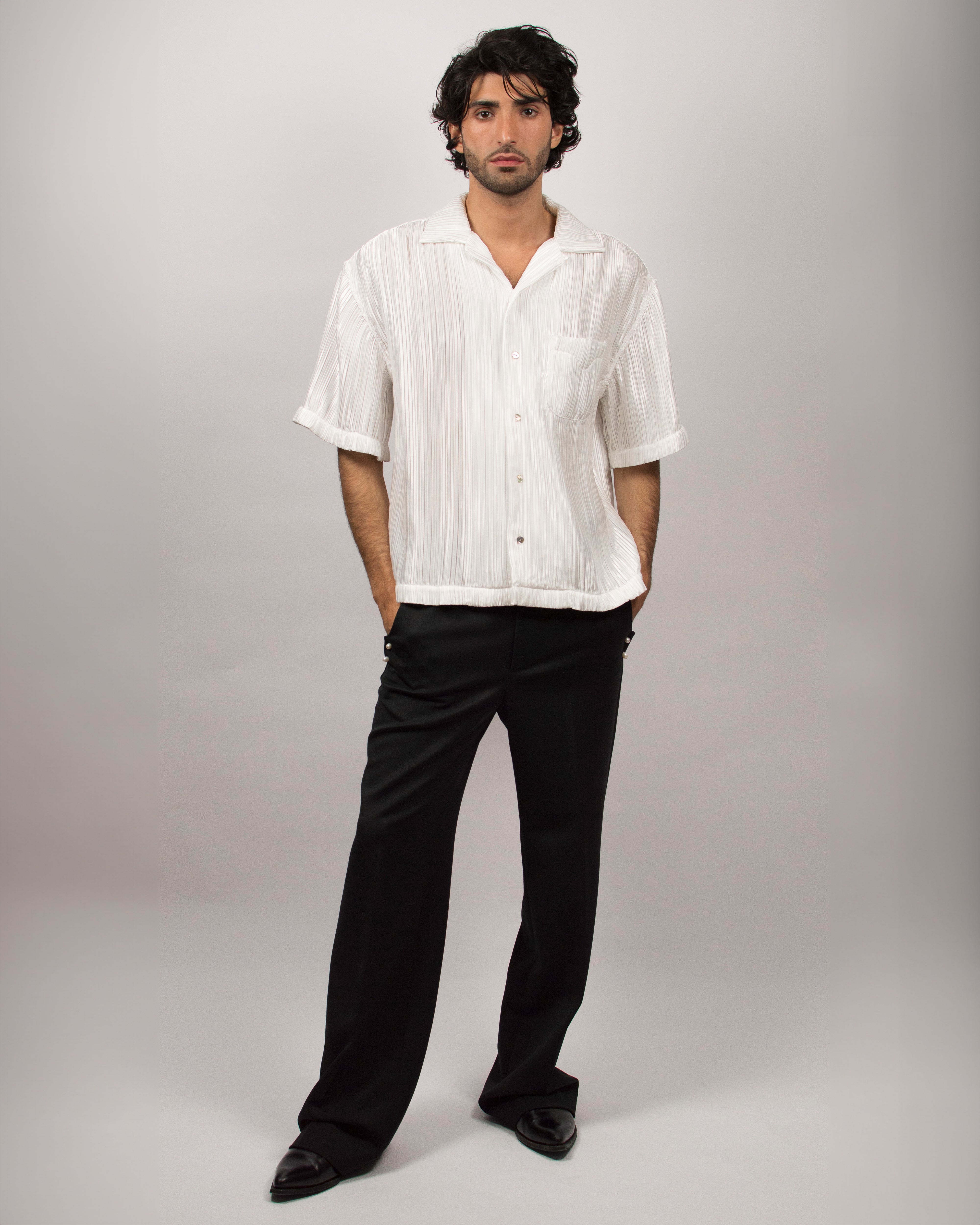 Islander Shirt in Pleated Satin - Pearl White