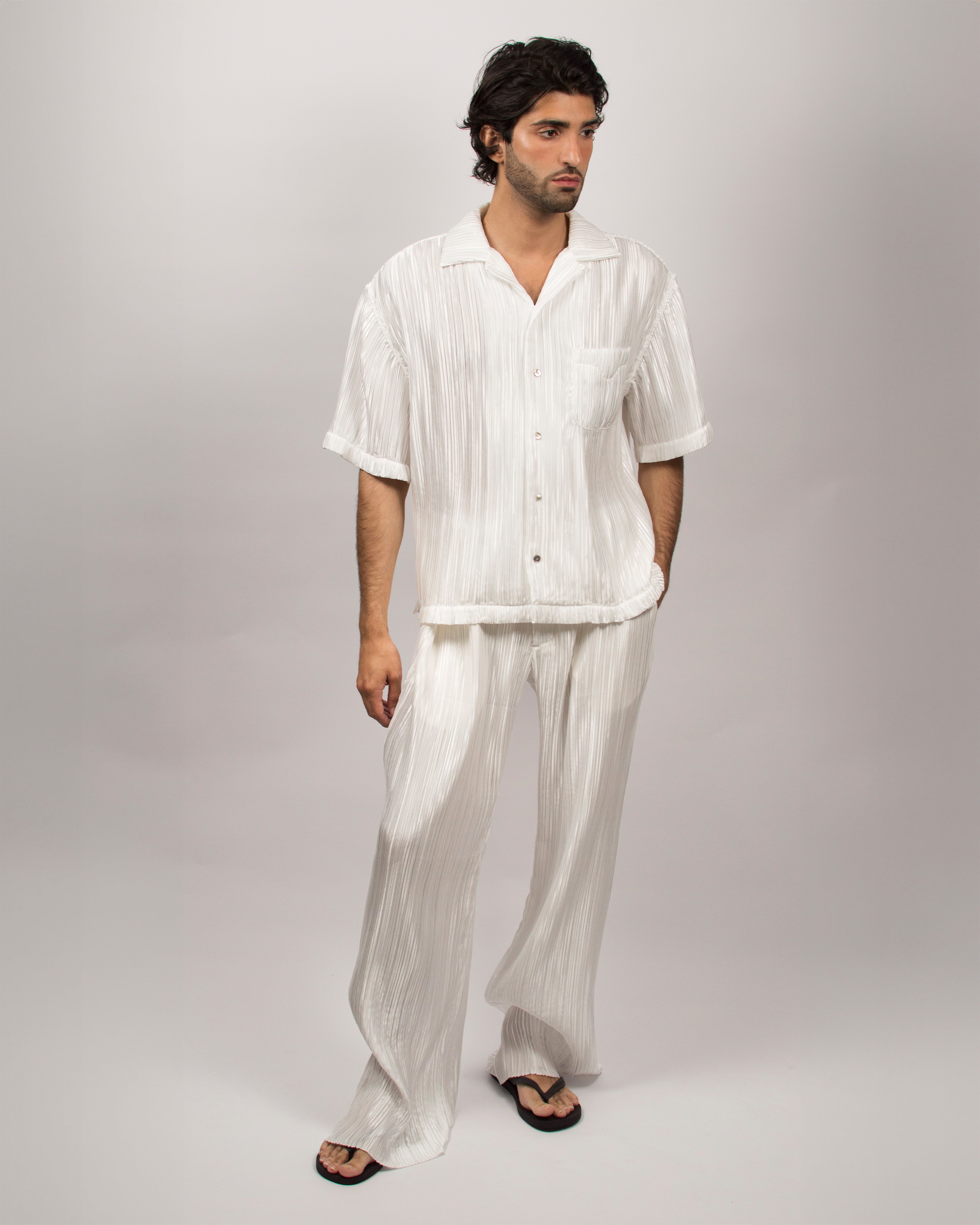 Islander Shirt in Pleated Satin  - Pearl White