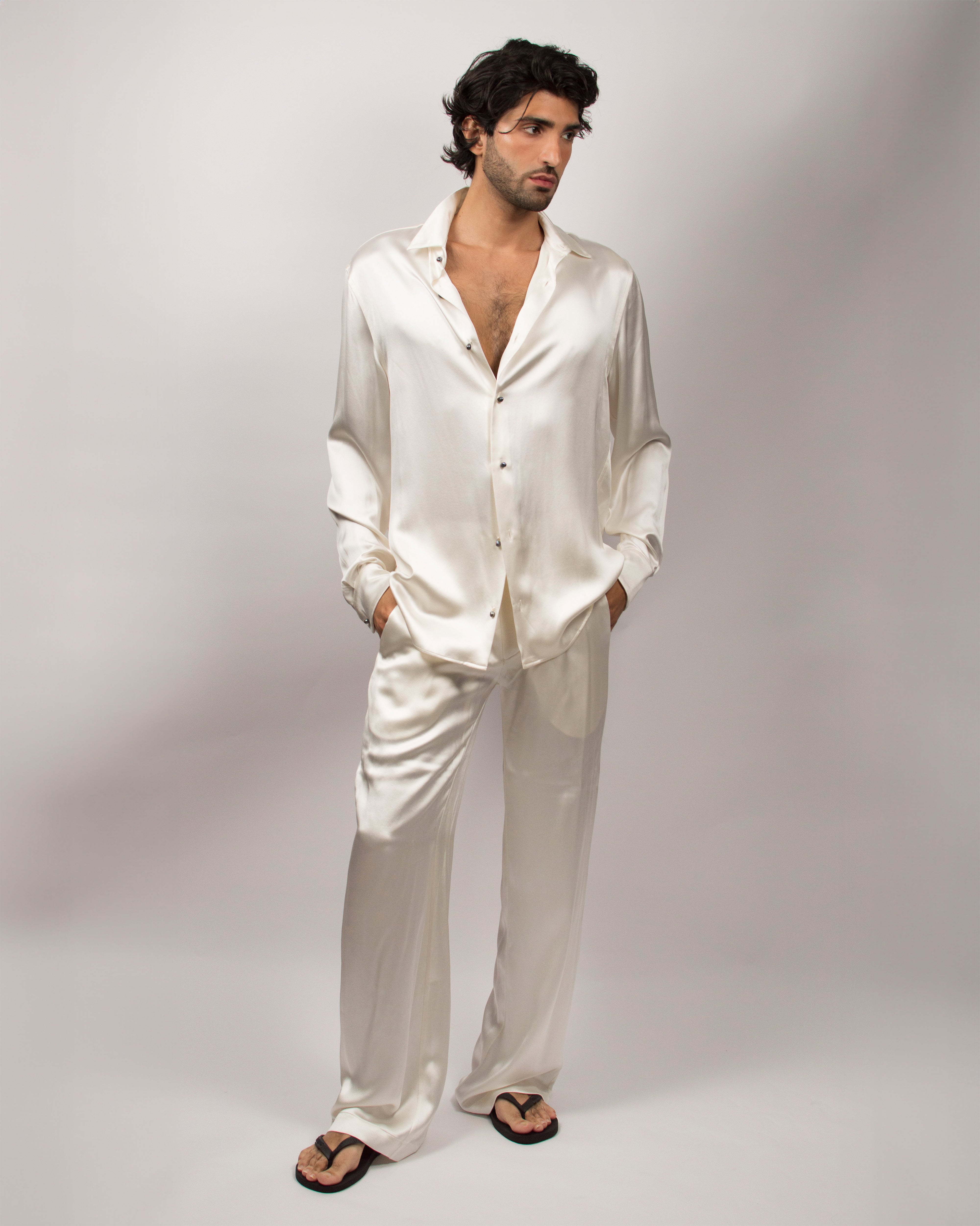 Islander Pants in Silk Satin - Coconut White