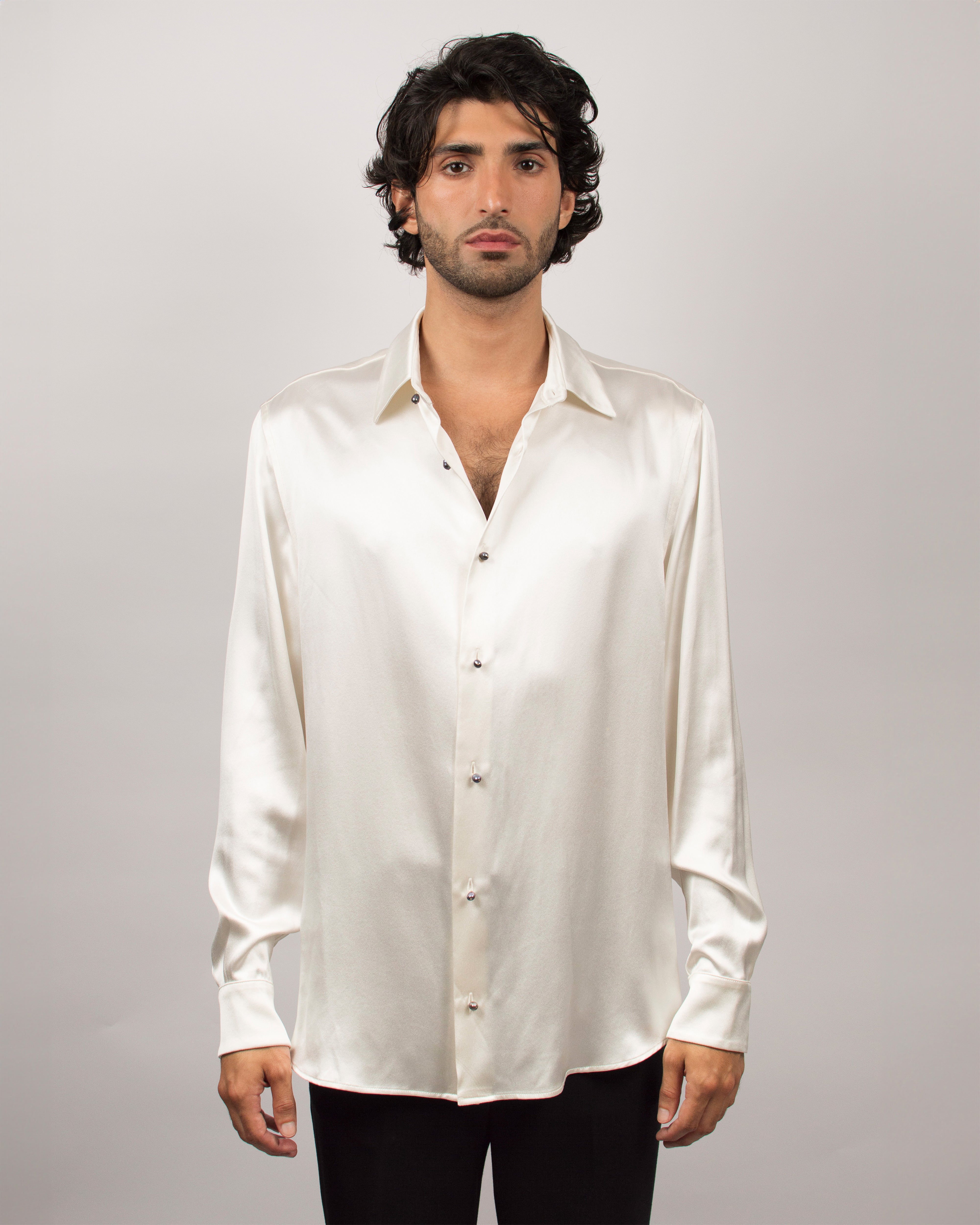 Pearls Shirt in Silk Satin - Coconut White