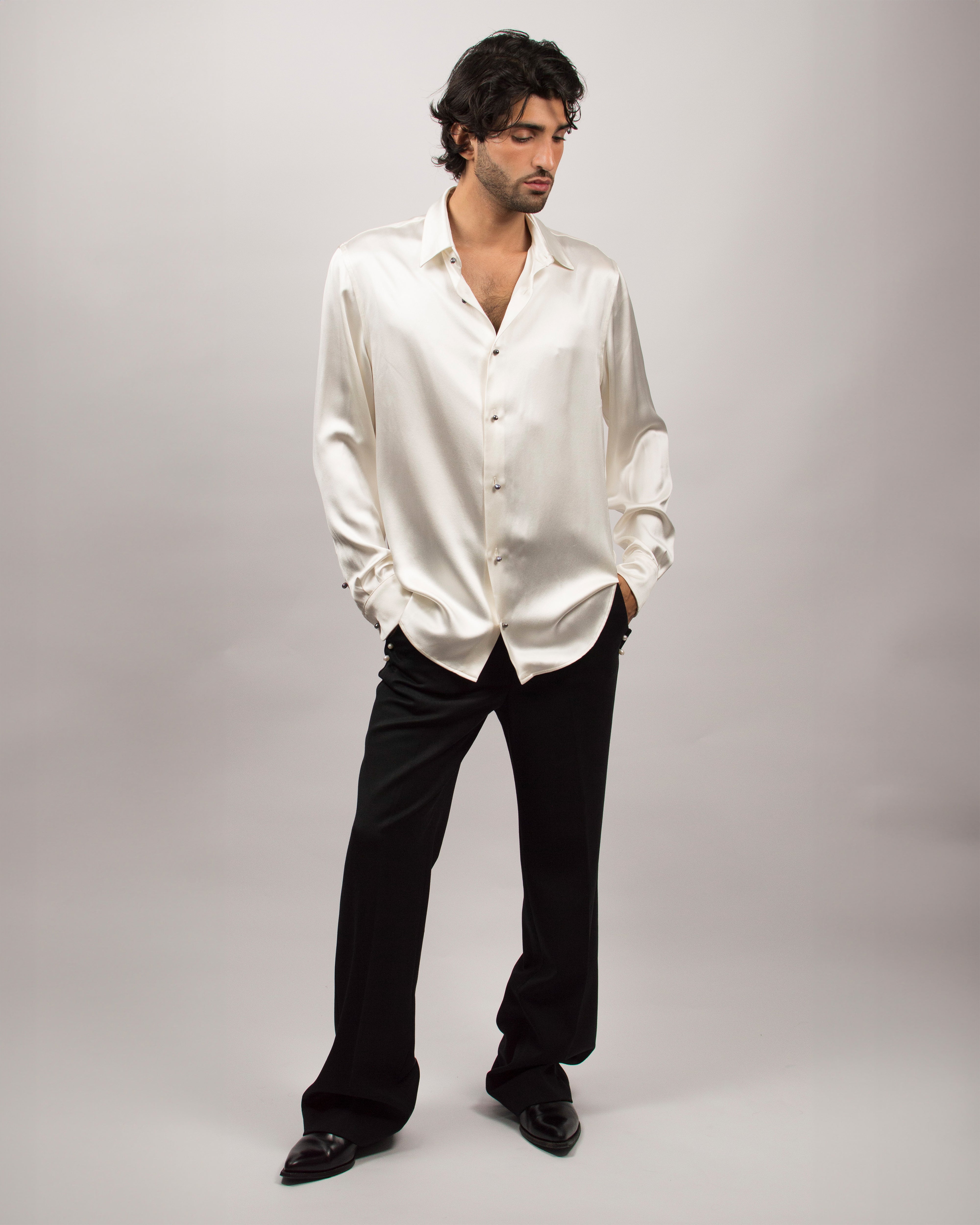 Pearls Shirt in Silk Satin - Coconut White