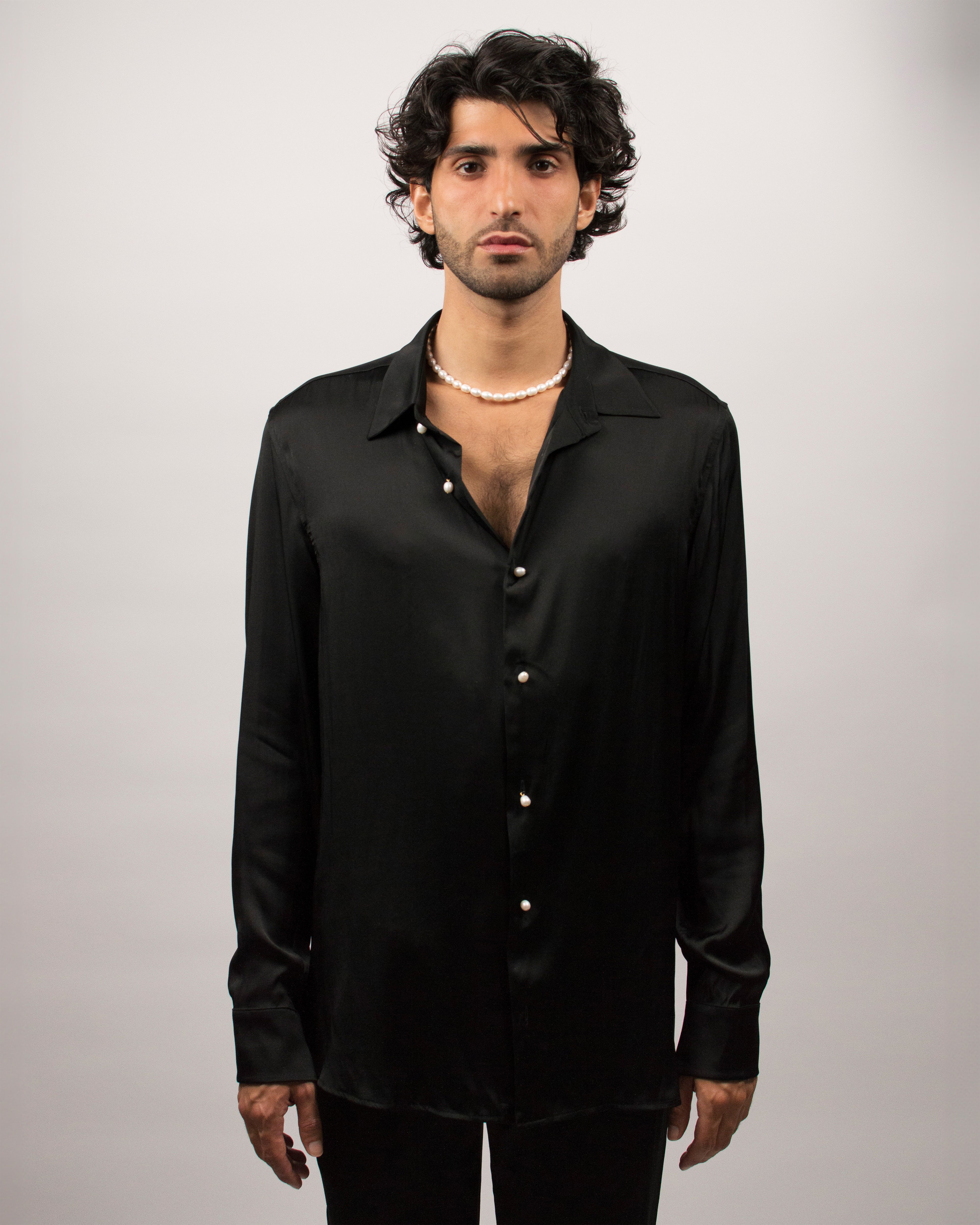 Pearls Shirt in Silk Satin - Ink Black