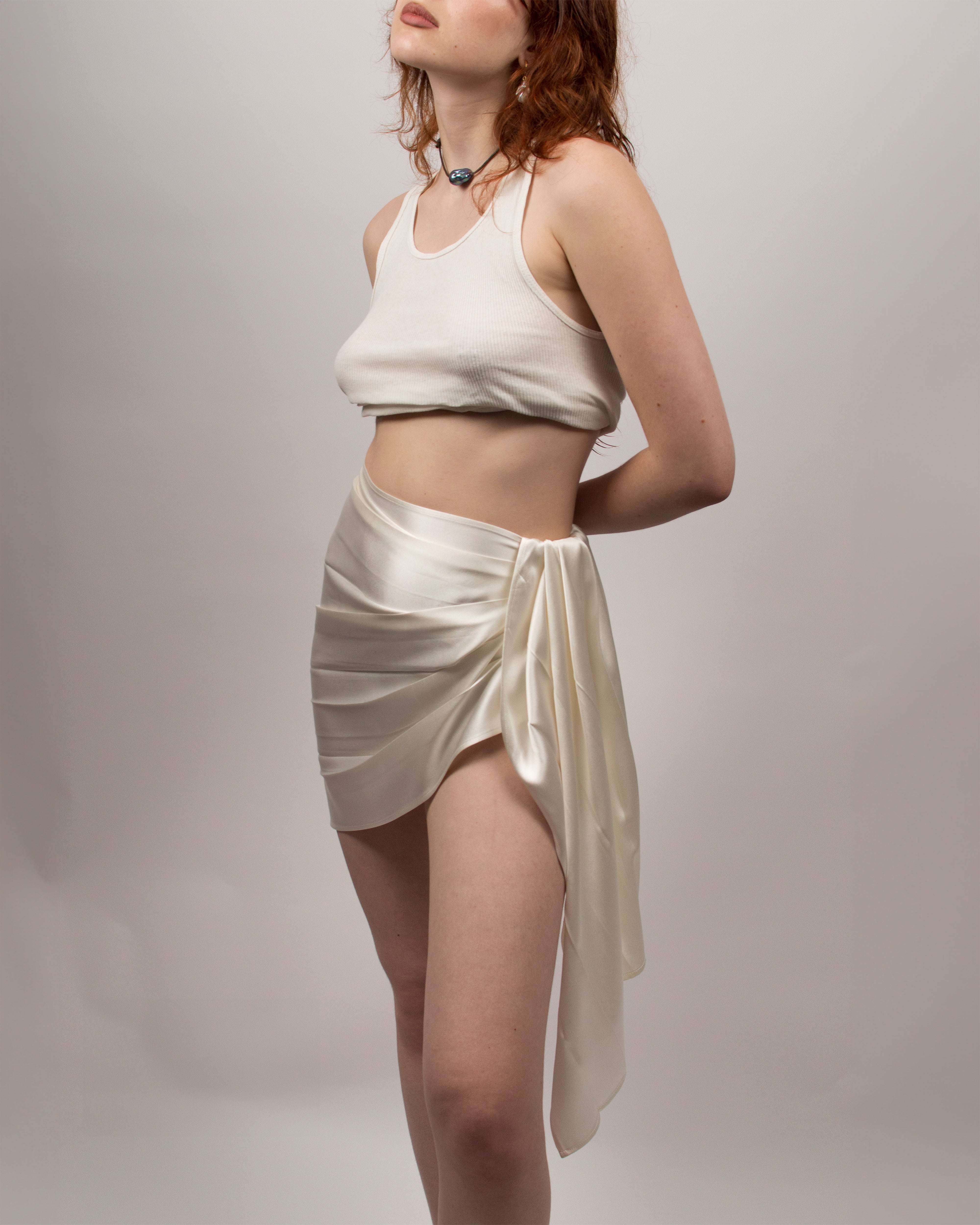 Cummerbund Skirt in Silk Satin - Coconut White