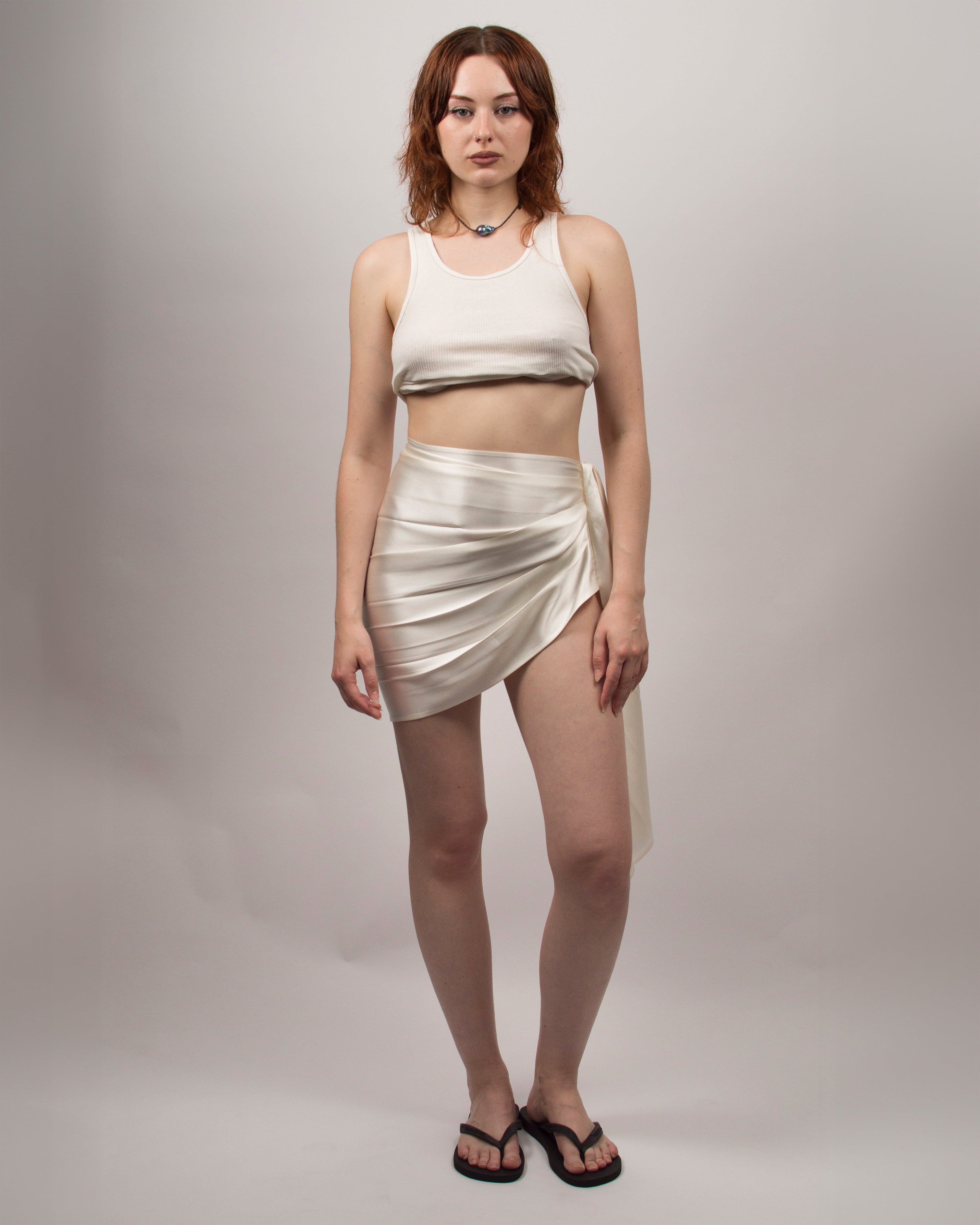 Cummerbund Skirt in Silk Satin - Coconut White