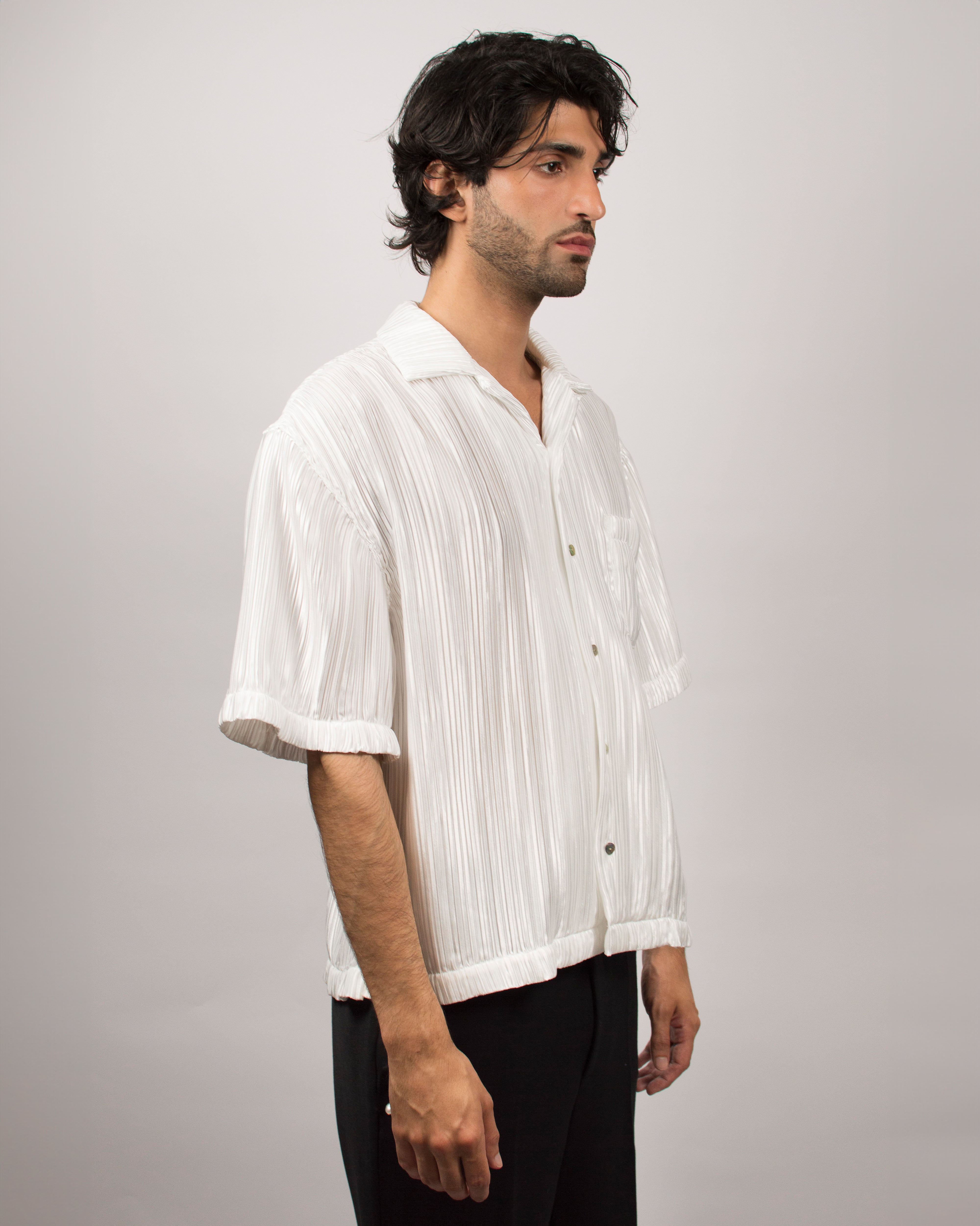 Islander Shirt in Pleated Satin  - Pearl White