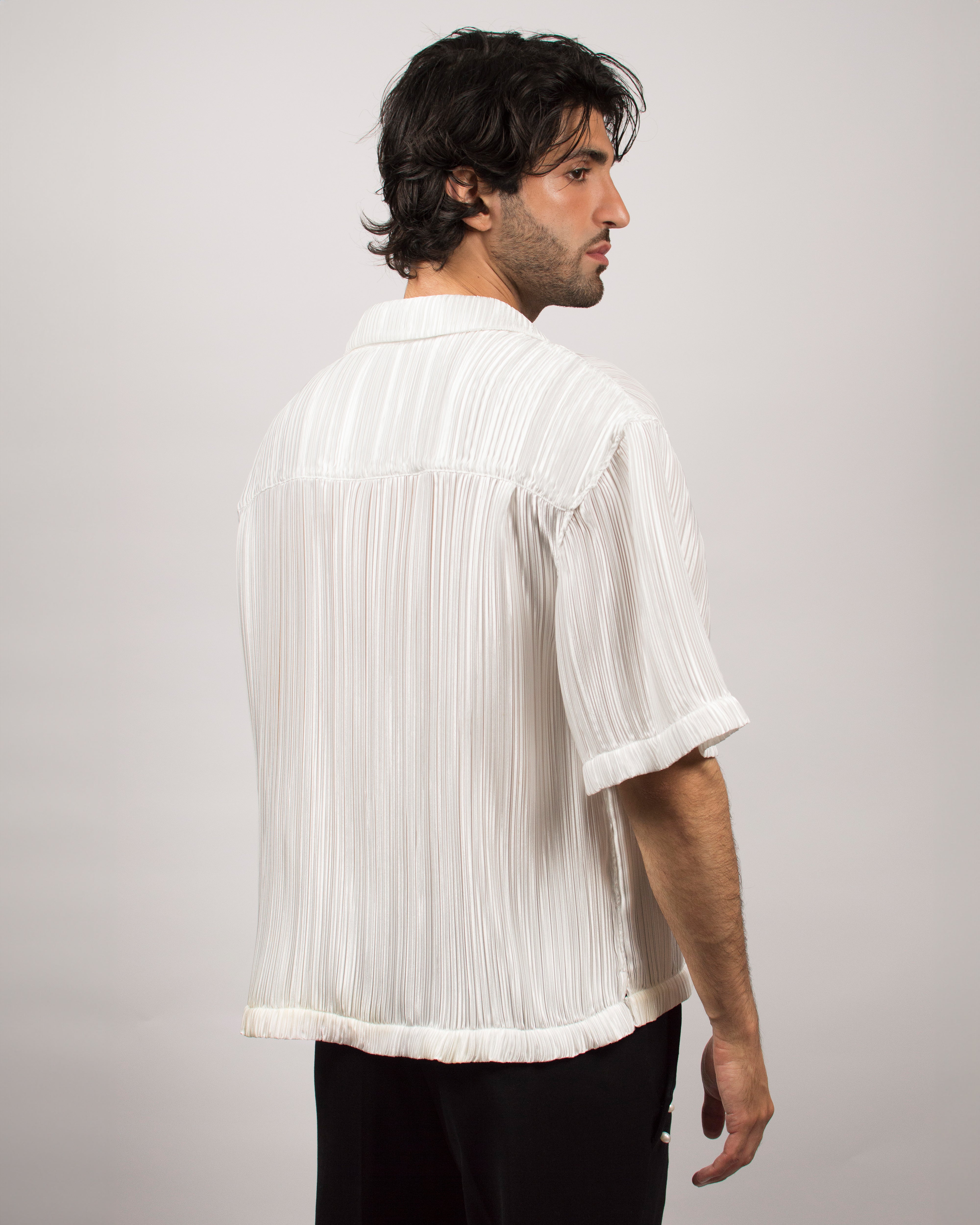 Islander Shirt in Pleated Satin  - Pearl White