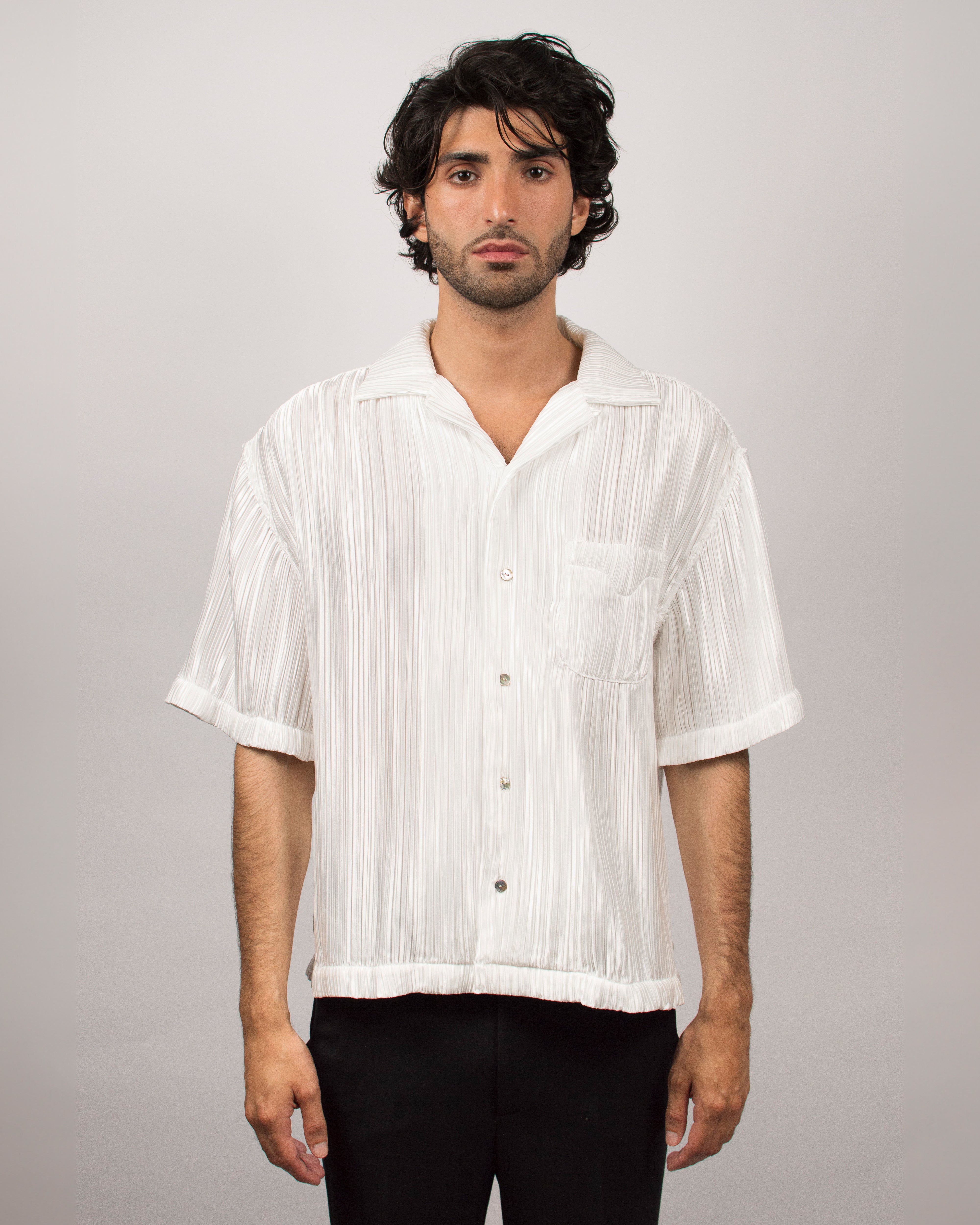 Islander Shirt in Pleated Satin  - Pearl White