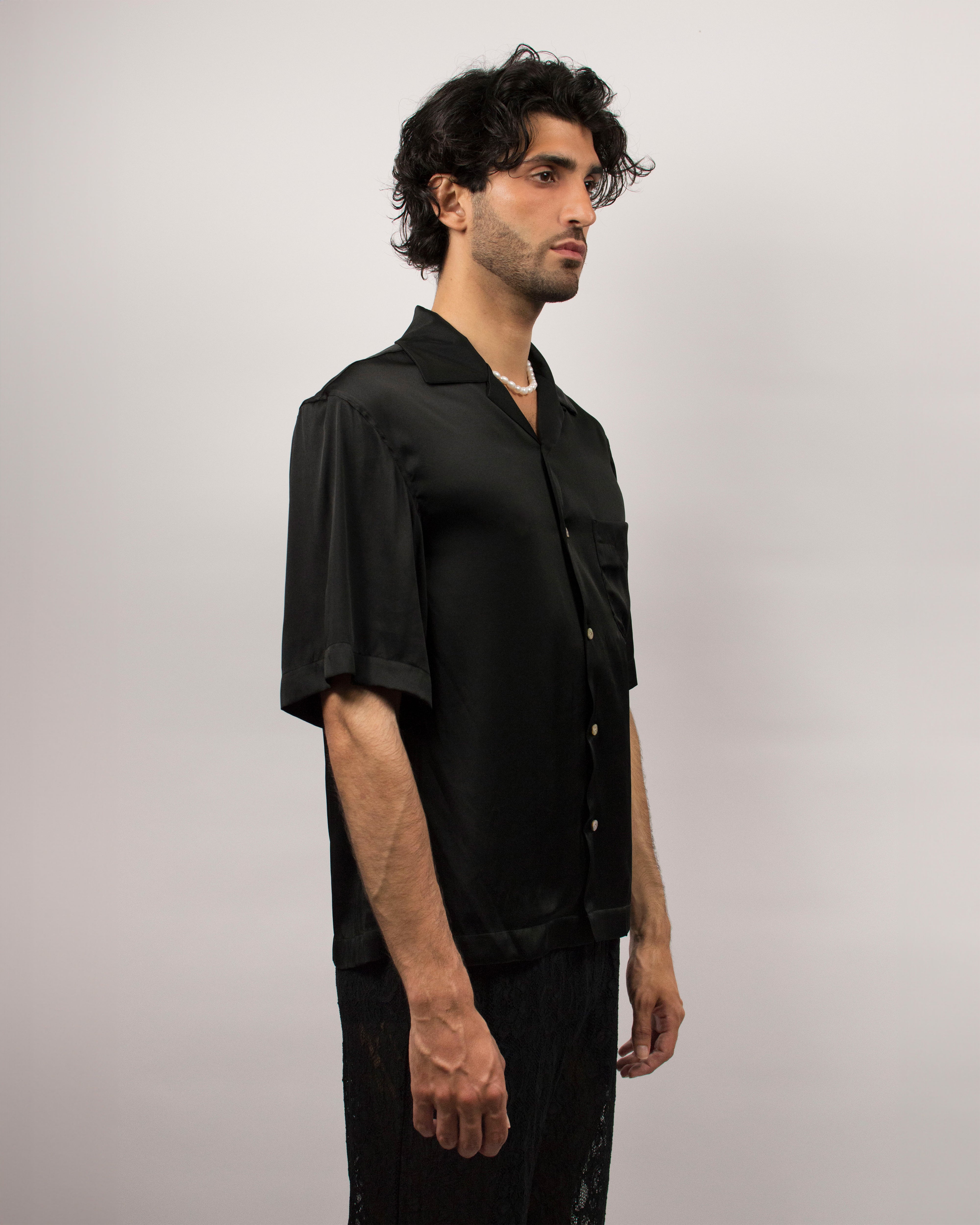 Islander Shirt in Silk Satin  - Ink Black