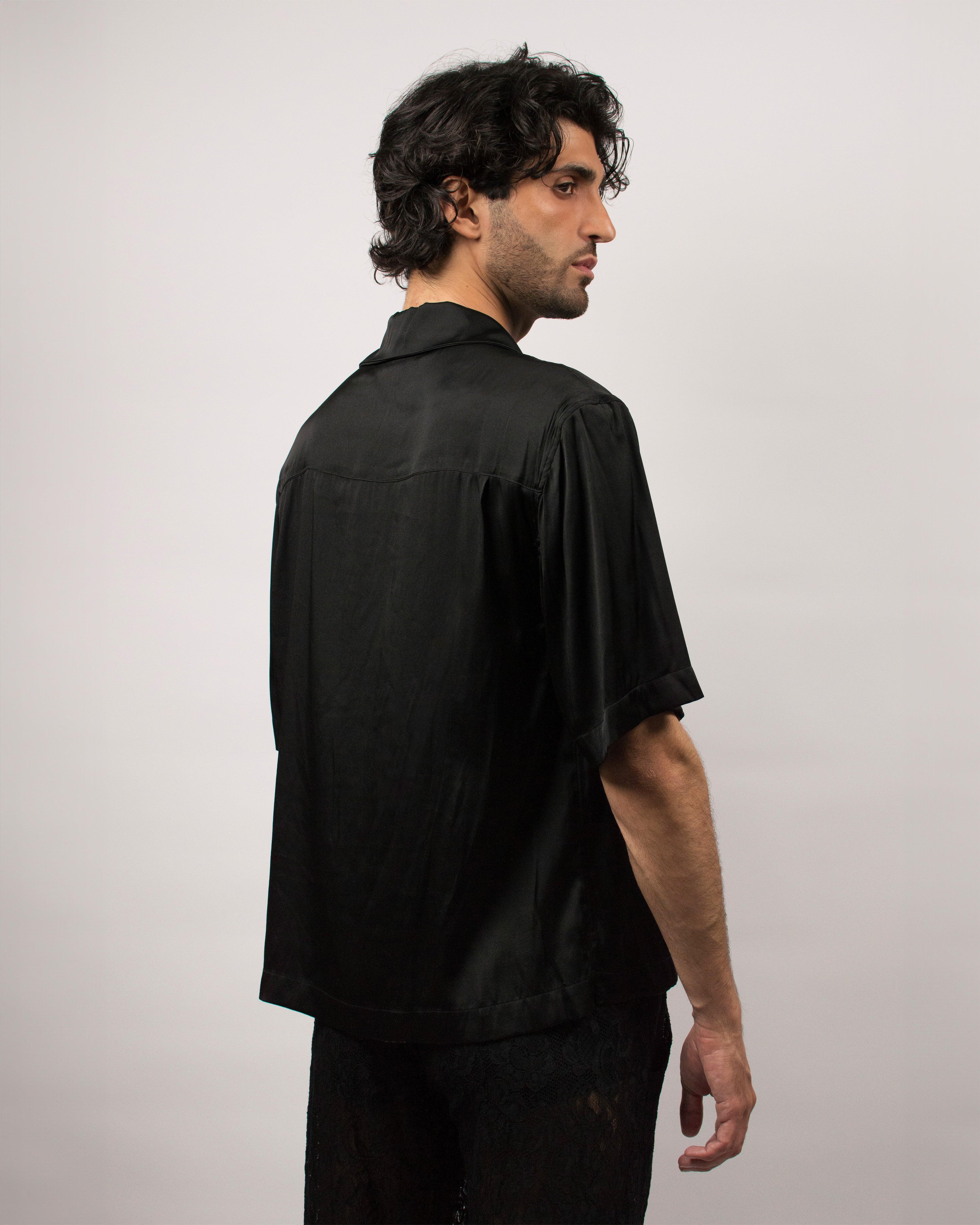 Islander Shirt in Silk Satin  - Ink Black