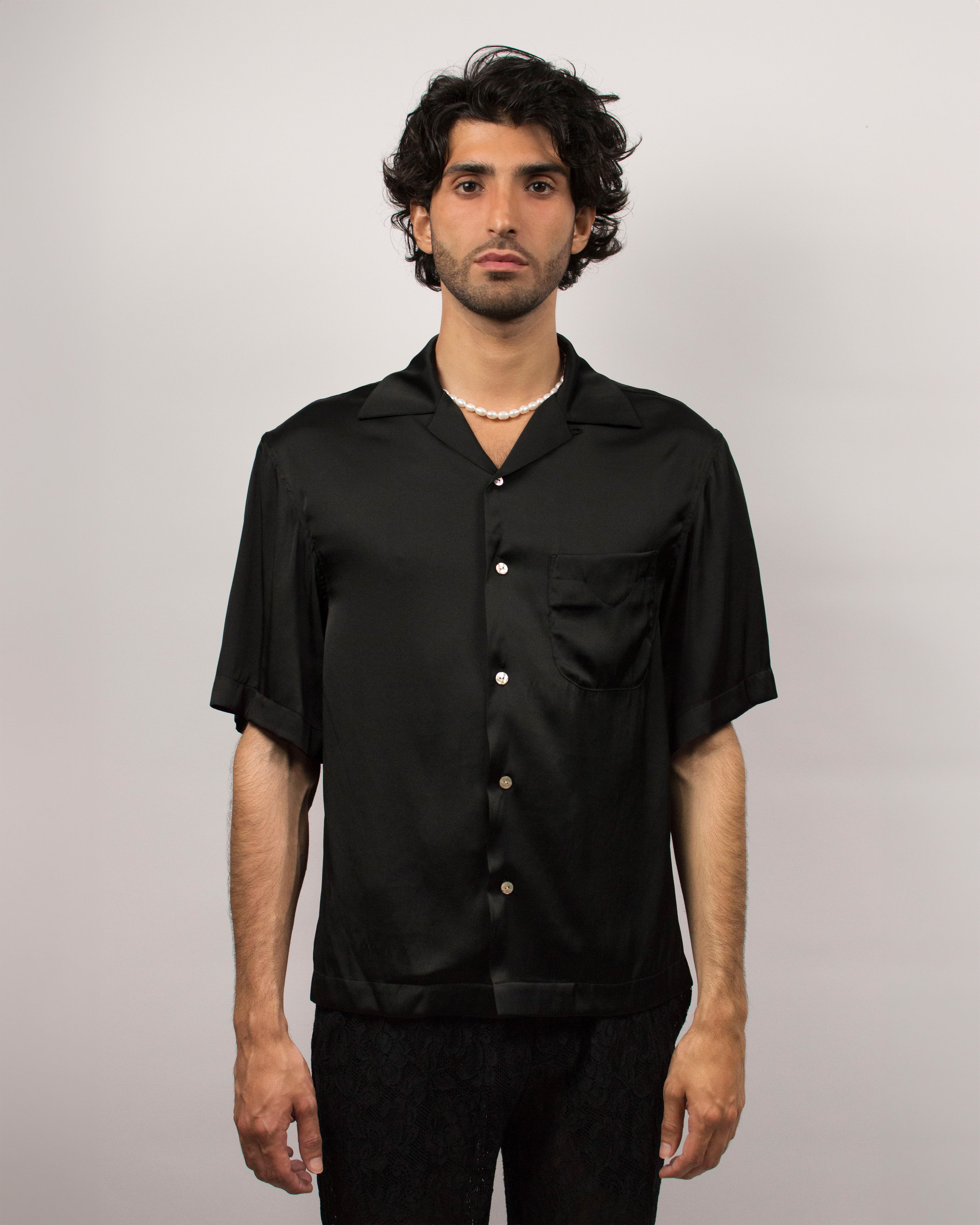 Islander Shirt in Silk Satin  - Ink Black