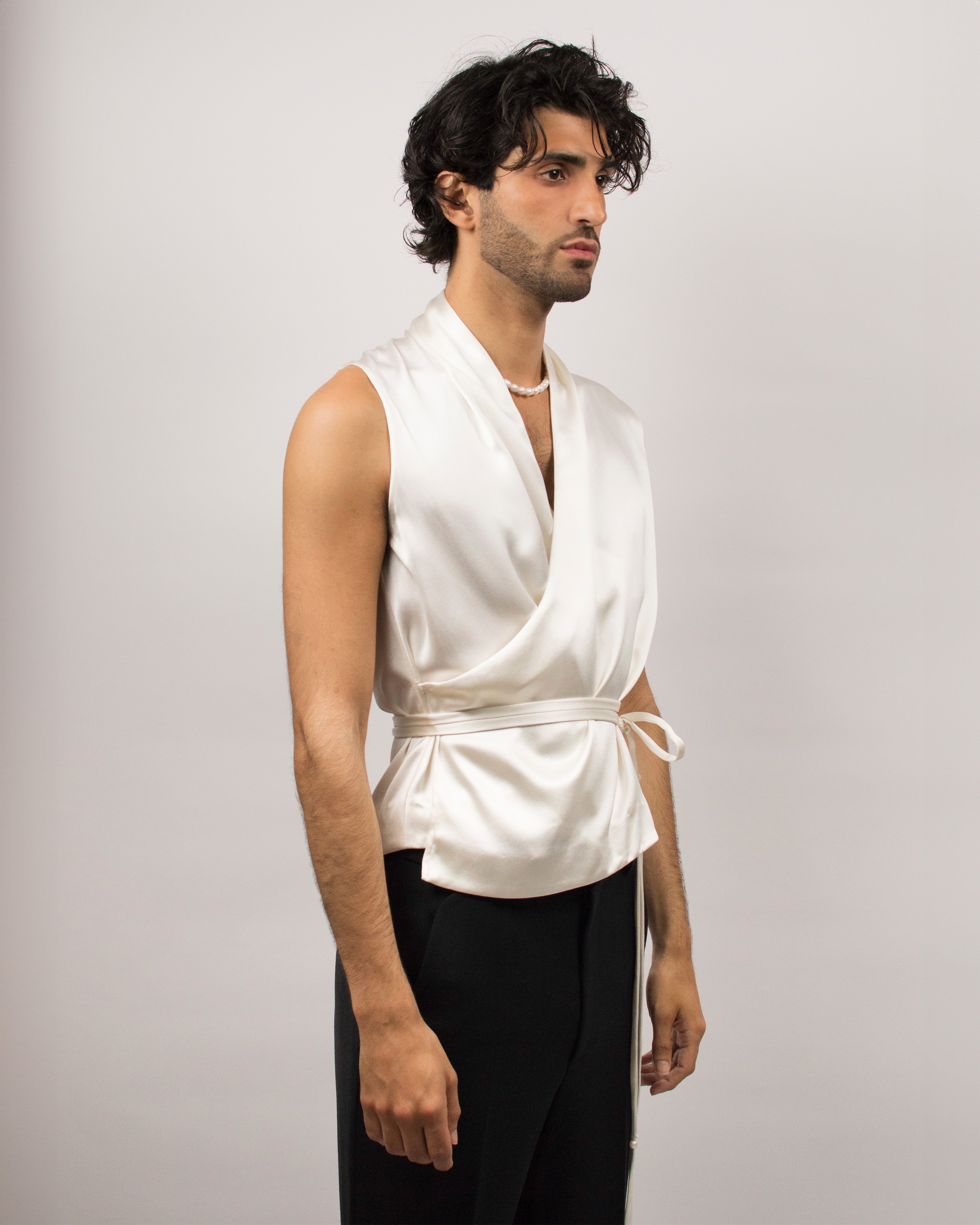 Draped Vest in Silk Satin - Coconut White