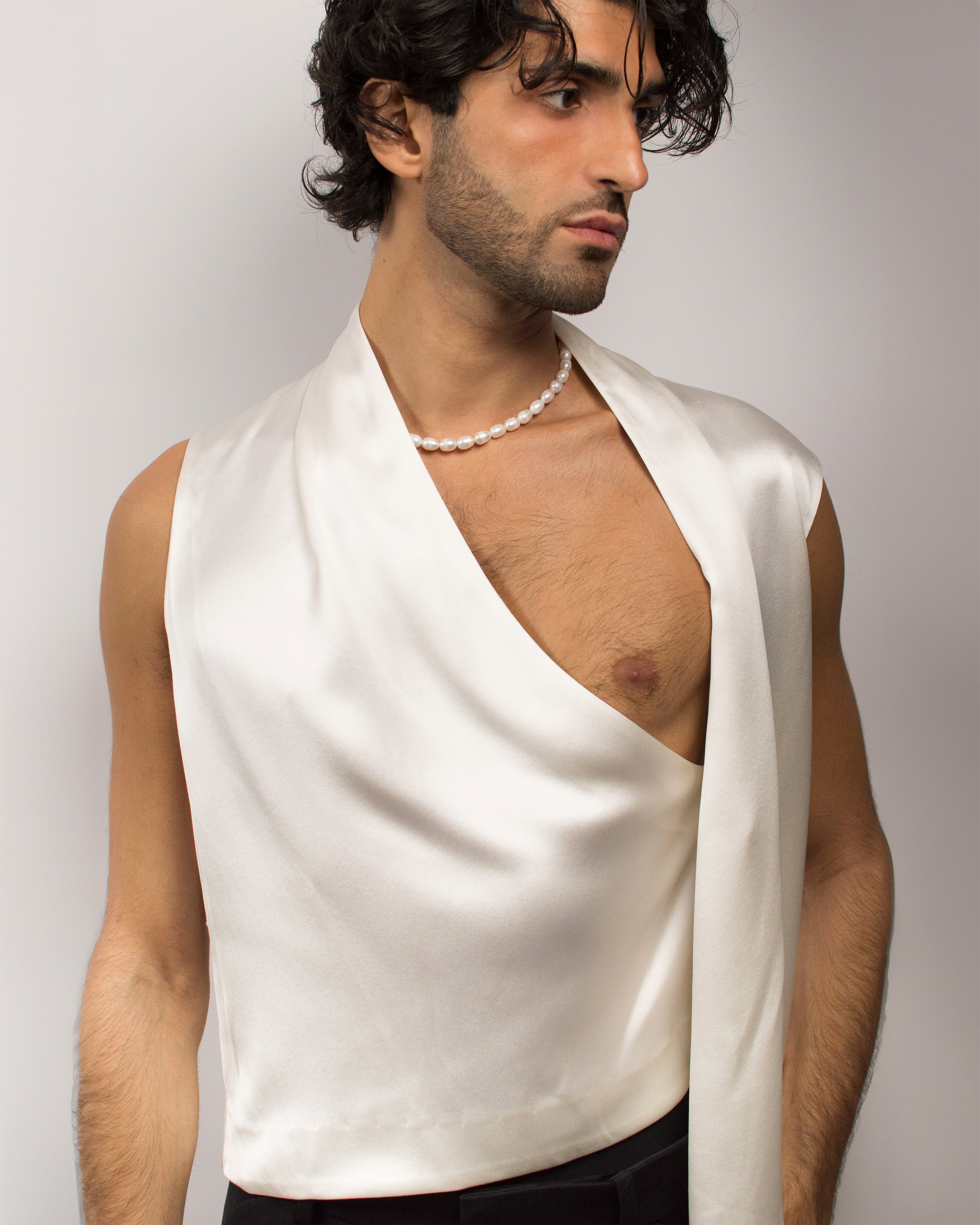 Draped Vest in Silk Satin - Coconut White