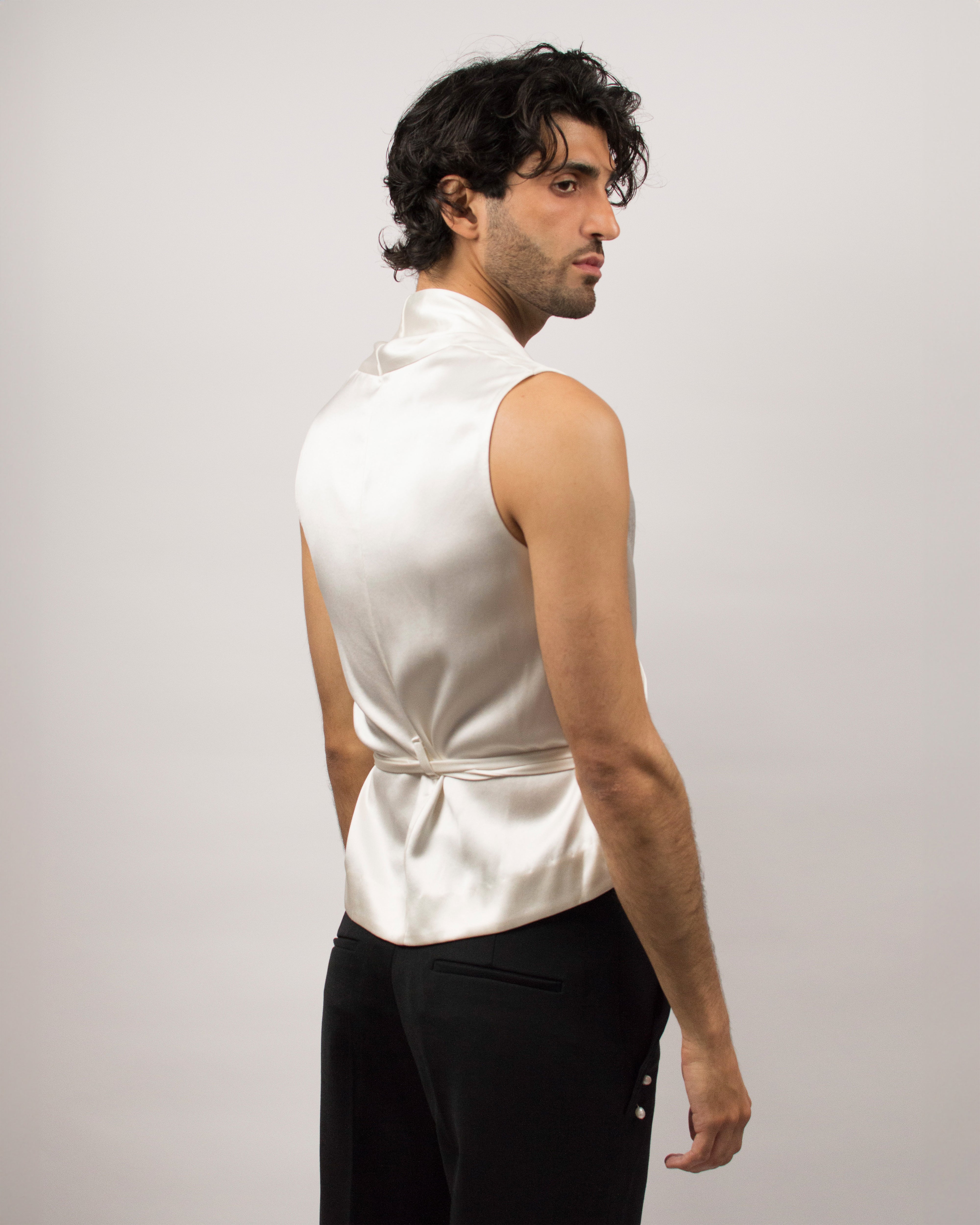 Draped Vest in Silk Satin - Coconut White