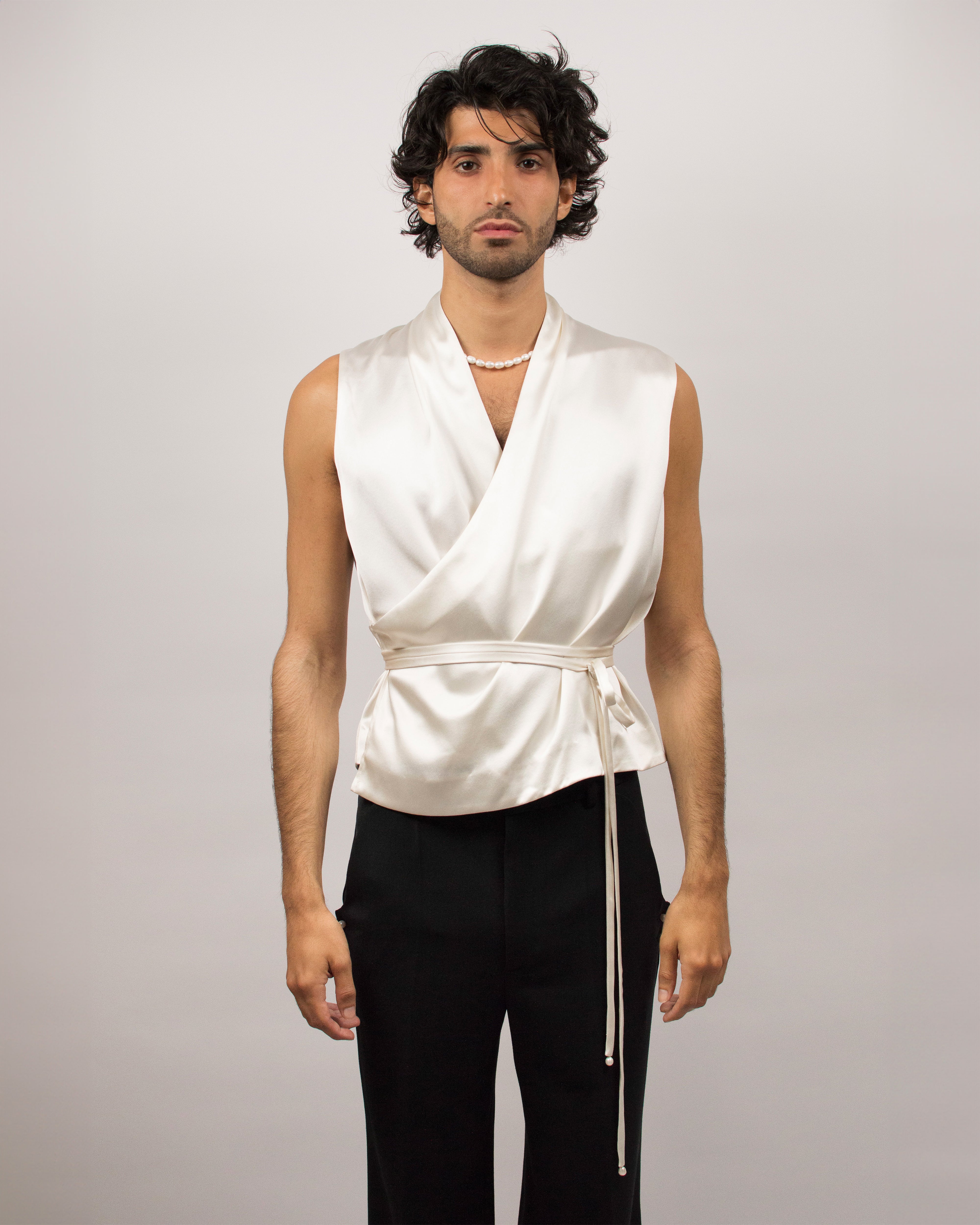 Draped Vest in Silk Satin - Coconut White