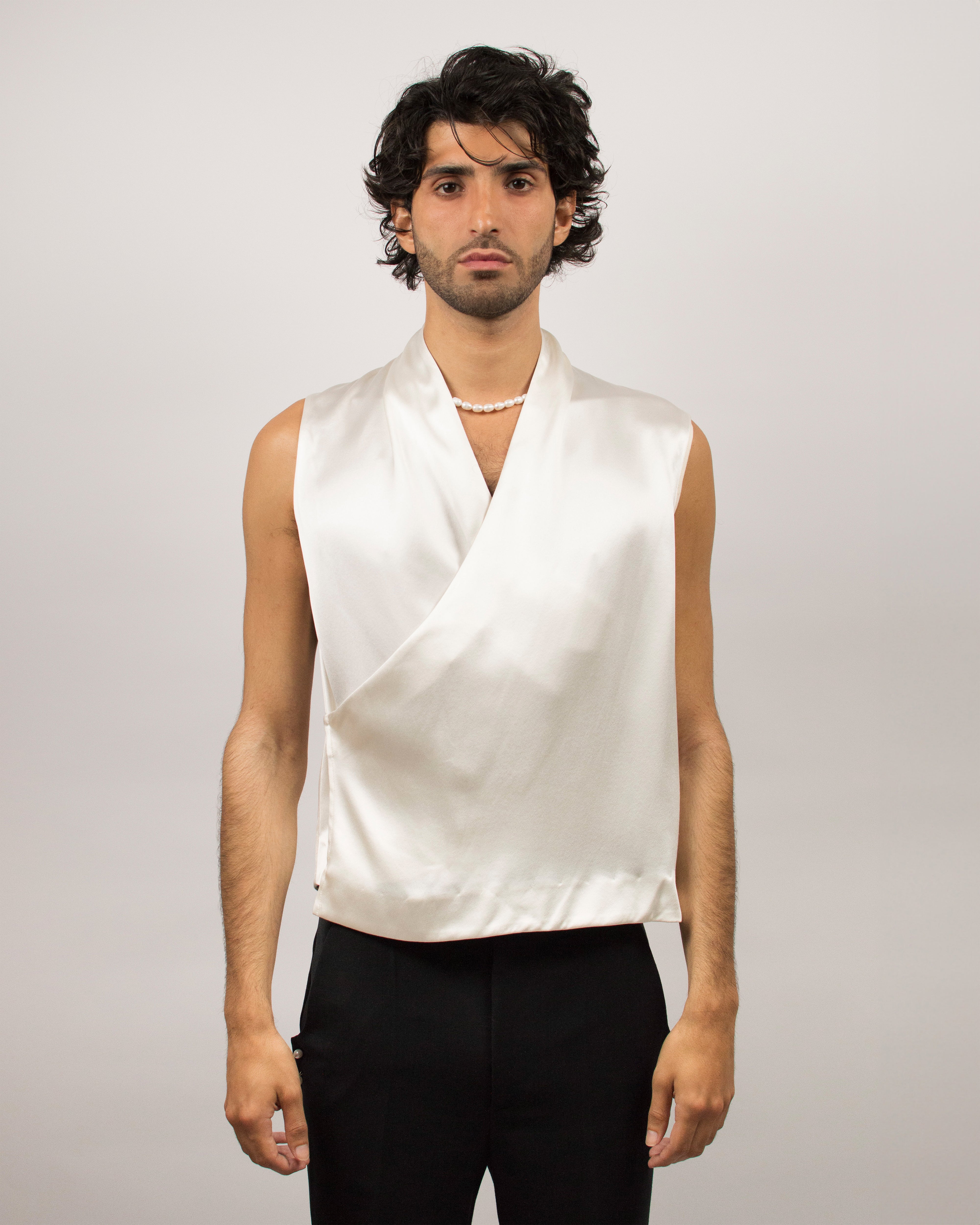 Draped Vest in Silk Satin - Coconut White