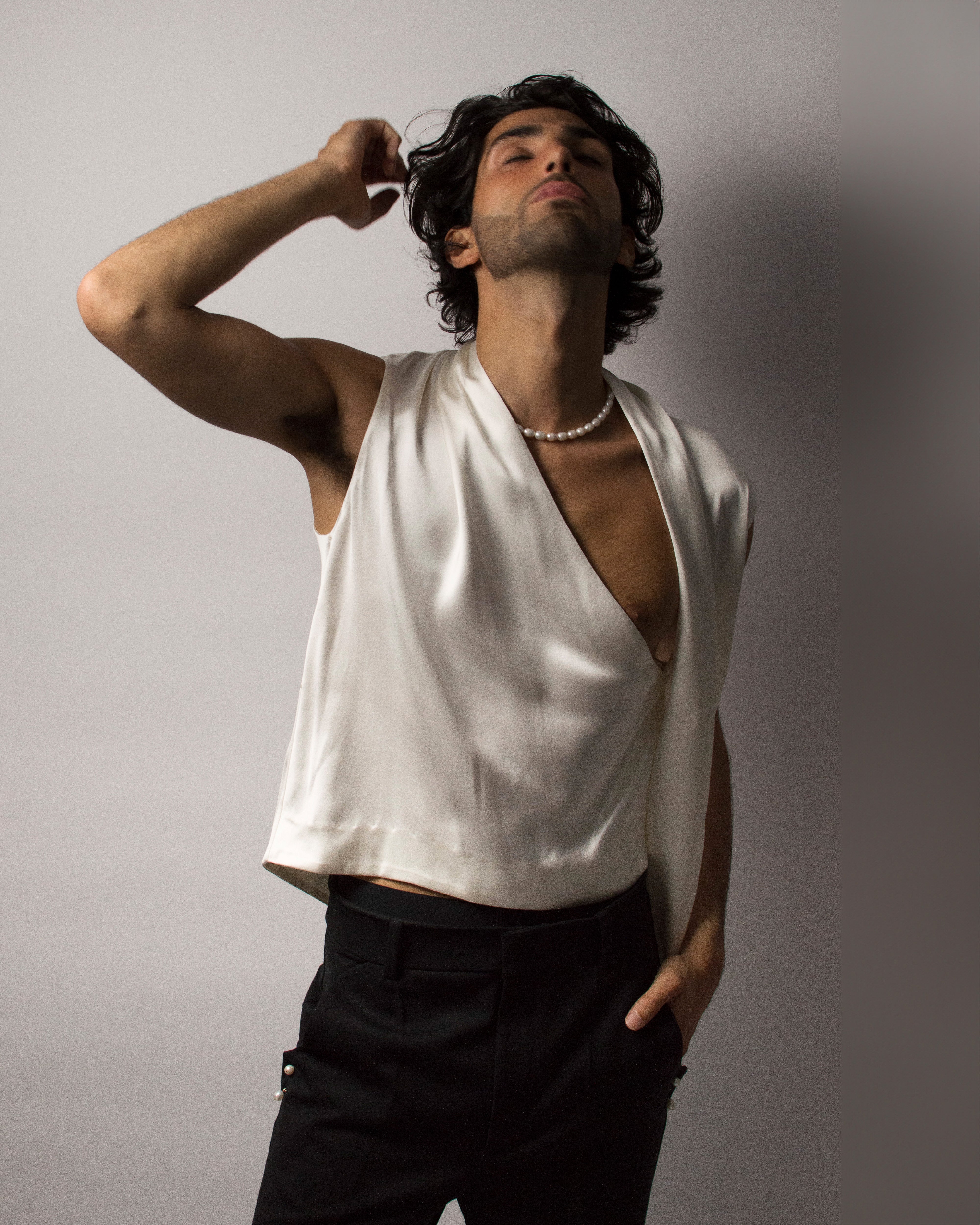 Draped Vest in Silk Satin - Coconut White